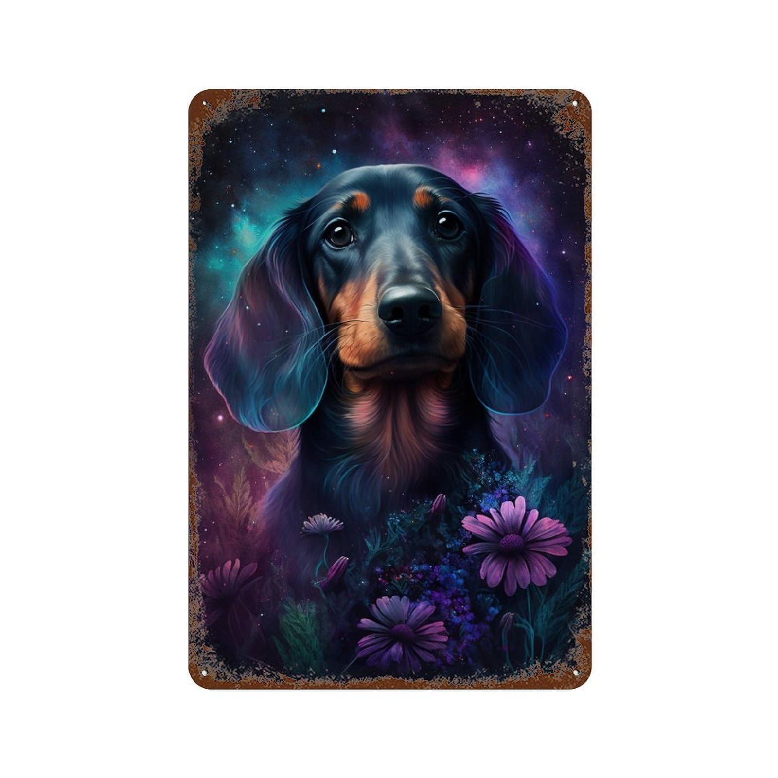 Galactic Dachshund with Flowers Vintage Metal Tin Sign 11.8"x7.9", Decorative Metal Wall Art for Garage, Pub Or Kitchen