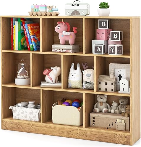 HONEY JOY Organizador de almacenamiento de juguetes para niños, gabinete de almacenamiento de piso de madera de 10 secciones, baúl de juguetes de