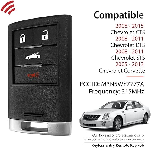 Miniatura 2 de Reemplazo para Cadillac CTS DTS STS Chevrolet Corvette M3N5WY7777A 4 Botones 315MHz de repuesto para Cadillac CTS DTS STS Chevrolet Corvette 2012