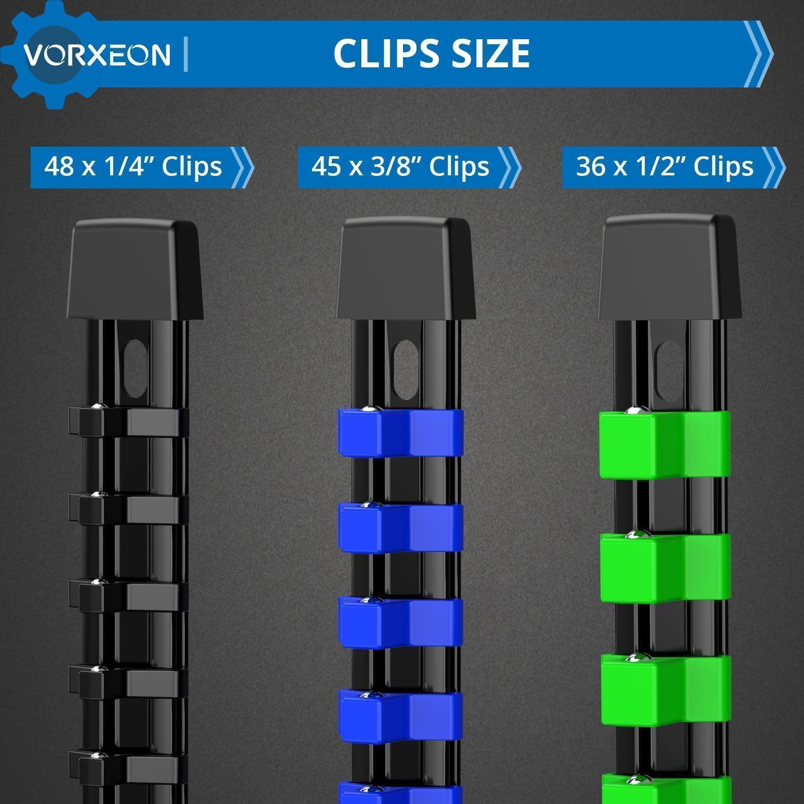 VORXEON 9PCS ABS Socket Organizer Holder Storage Rail 1/4 Inch x 48 Clips and 3/8 Inch x 45 Clips and 1/2 Inch x 36 Clips for Tool Box Drawer - Image 2