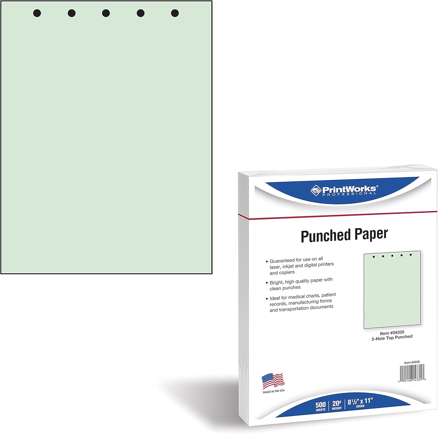 PrintWorks Professional Pre Punched Paper, 5 Hole Punch Top For Top Punch Binders & 2 Ring Clipboards & Fastener File Folders, 8.5 x 11, 20 lb., 500 Sheets, Green (04335)