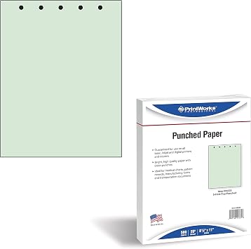 PrintWorks Professional Pre Punched Paper, 5 Hole Punch Top For Top Punch Binders & 2 Ring Clipboards & Fastener File Folders, 8.5 x 11, 20 lb., 500 Sheets, Green 04335