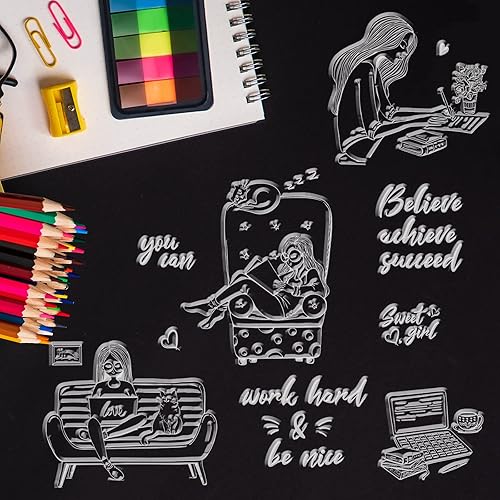 Miniatura 5 de GLOBLELAND Sellos transparentes para mujer trabajadora, para leer libros, para hacer tarjetas, manualidades, álbumes de recortes, álbum de fotos,