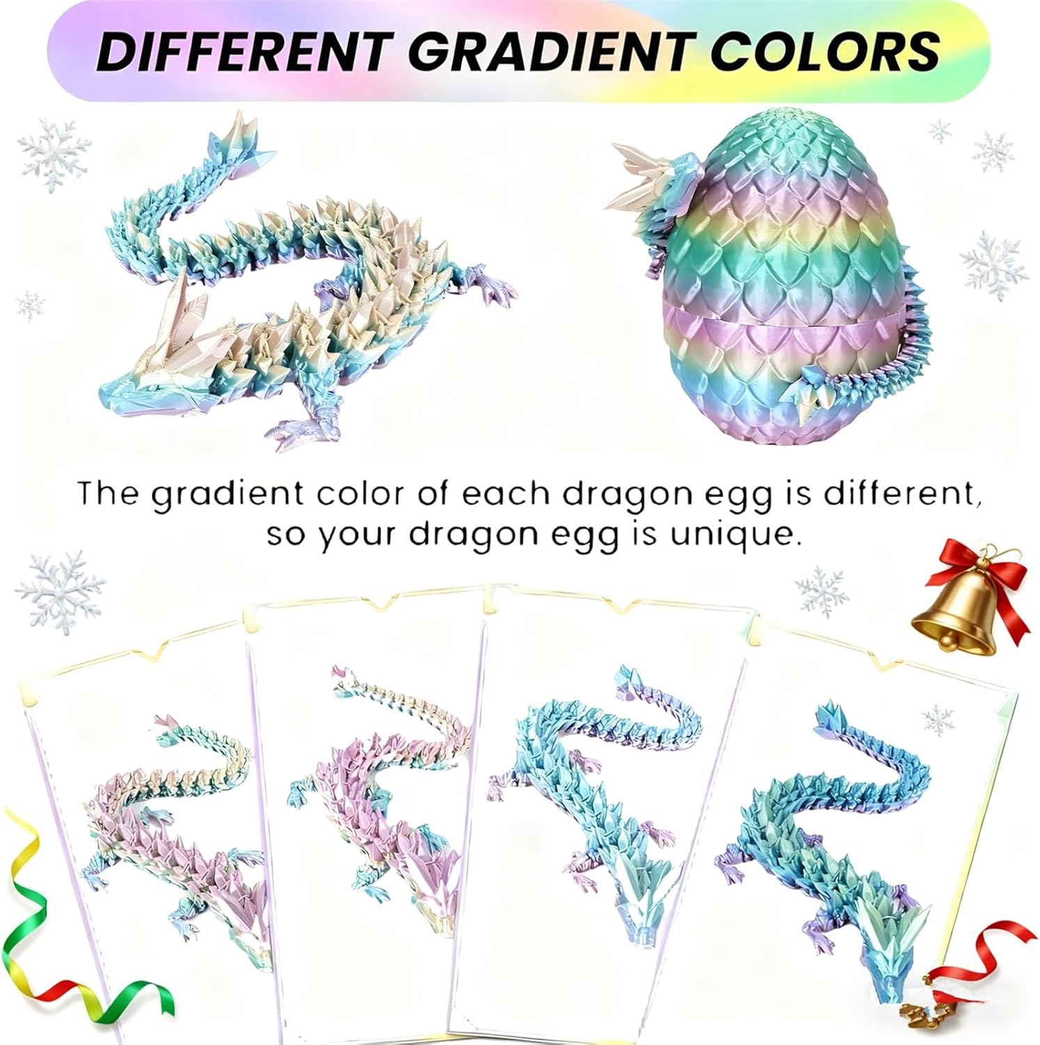12" 3D Printed Dragon Egg, Mystery Articulated Crystal Dragon Egg Fidget Toys, 3D Print Surprise Animals Toy for Kid Teen Boy Girls (Rainbow Color)