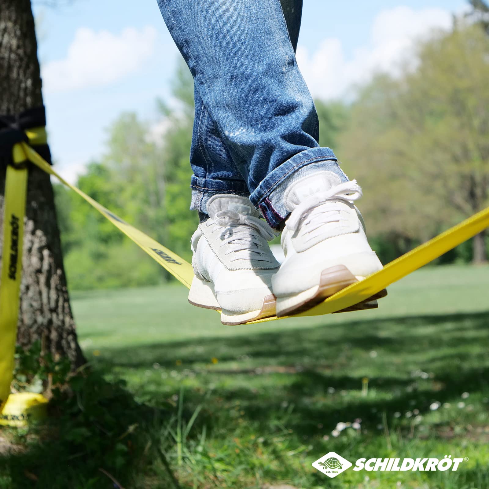 Schildkröt Slackline 15m, avec Ligne d'Enseignement pour Débutants, Ligne Robuste de 5 cm de Large pour Enfants et Adultes