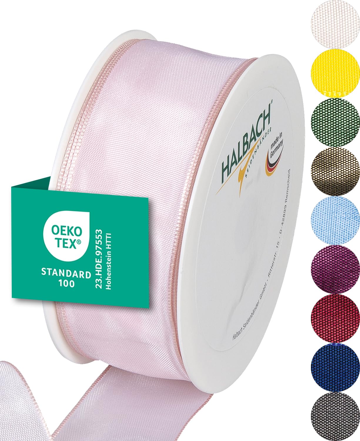 Halbach Seidenbänder Premium Geschenkband mit Drahtkante | Breite 40mm Länge 25m | Öko-Tex 100 zertifiziertes Schleifenband | Taftband Made in Germany, Farbe: blassrosa