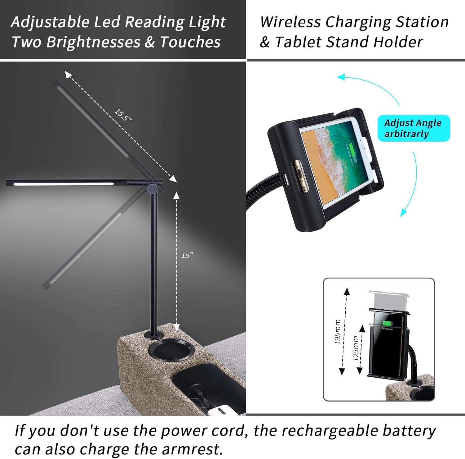 Multifunctional Sofa Armrest, Couch Armrest with Wireless Charge Stand, Removable Couch Caddy with Storage,Including LED Reading Light - Image 3