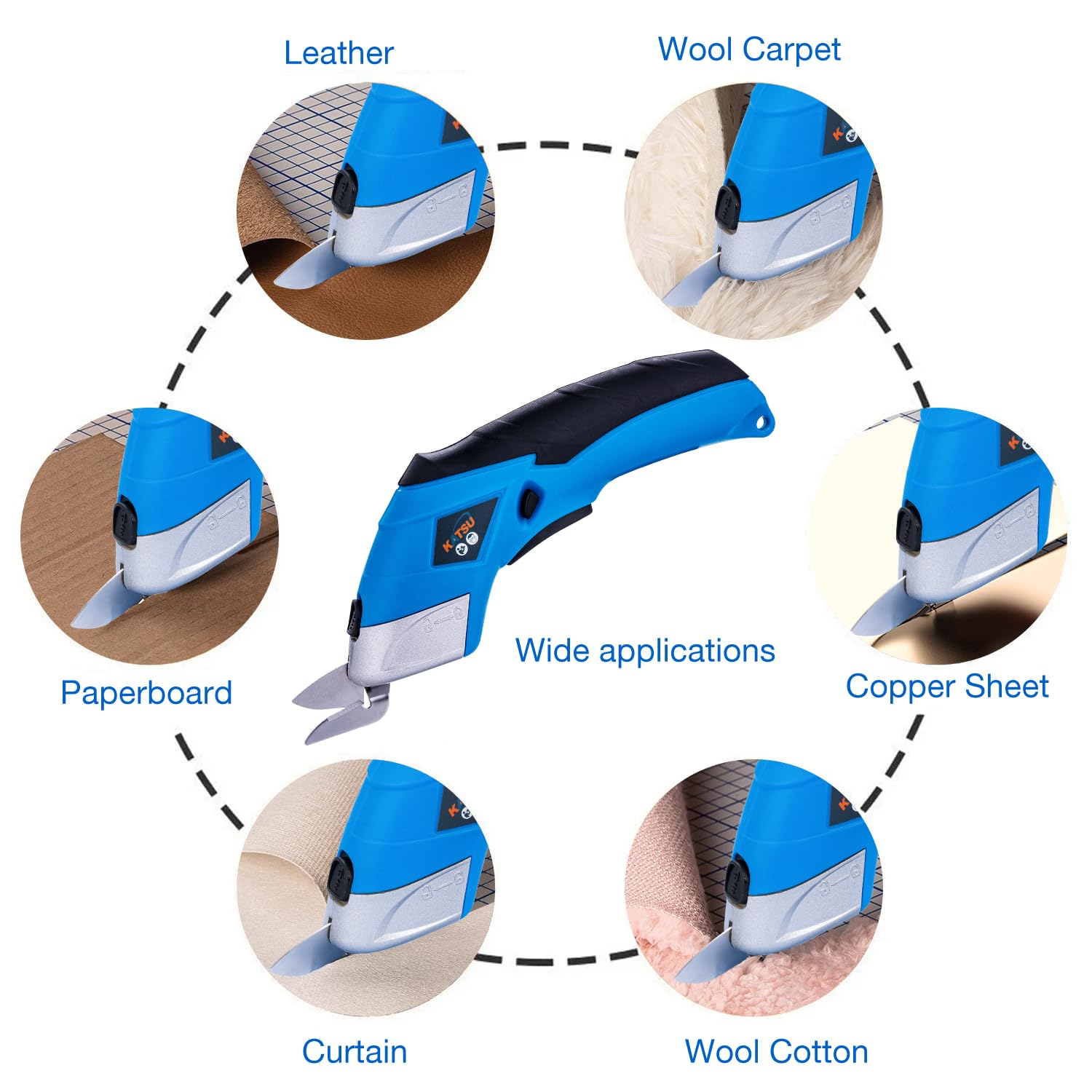 KATSU Tools Tijeras para Tela Eléctrica 3,6V Cortador de Tela Inalámbrica Ecargables con 2 Cabezas de Corte de Aleación de Acero, para Papel Cartulina Cuero Alfombra