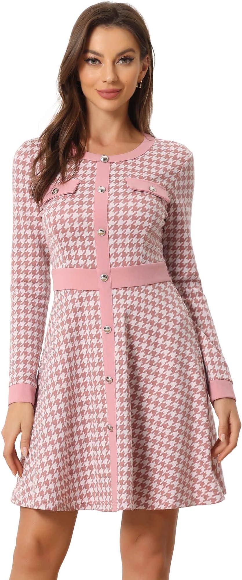 Allegra K Women's Houndstooth Plaid Contrast Color Crew Neck Button Front Elegant A-Line Dress
