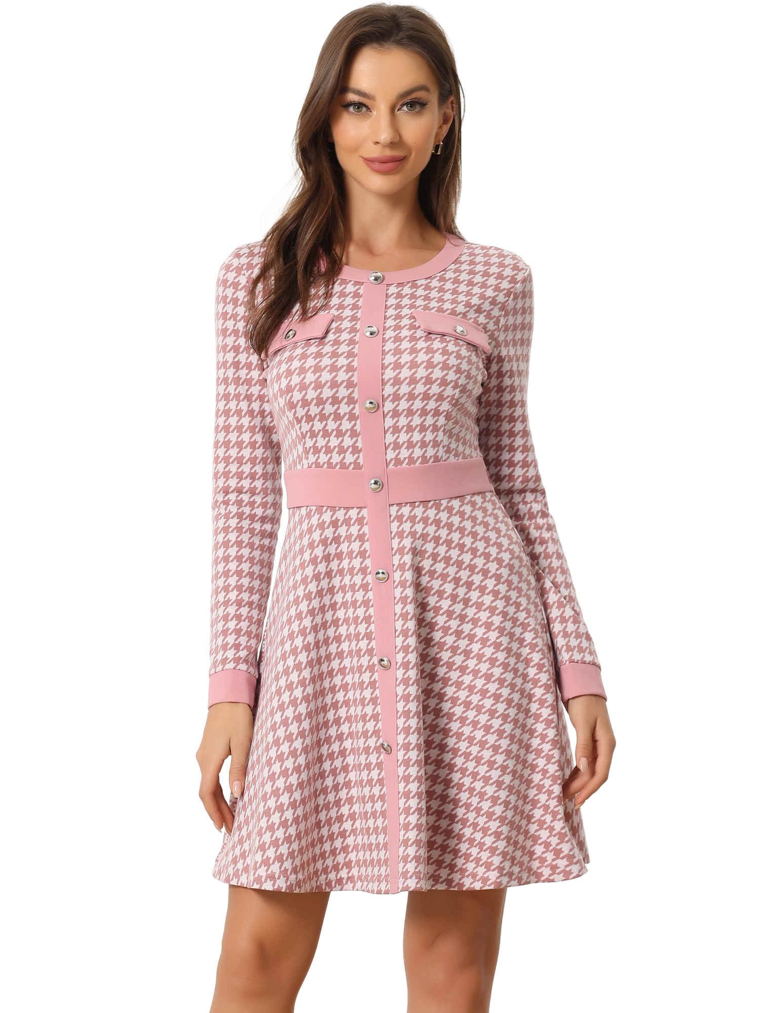 Allegra K Women's Houndstooth Plaid Contrast Color Crew Neck Button Front Elegant A-Line Dress