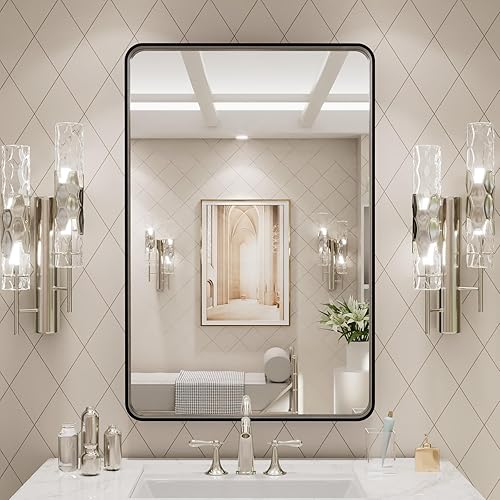 Miniatura 7 de LOAAO Espejo de baño con marco de metal negro de 20 x 16 pulgadas para pared, espejo de tocador de baño negro mate, espejo rectangular redondeado