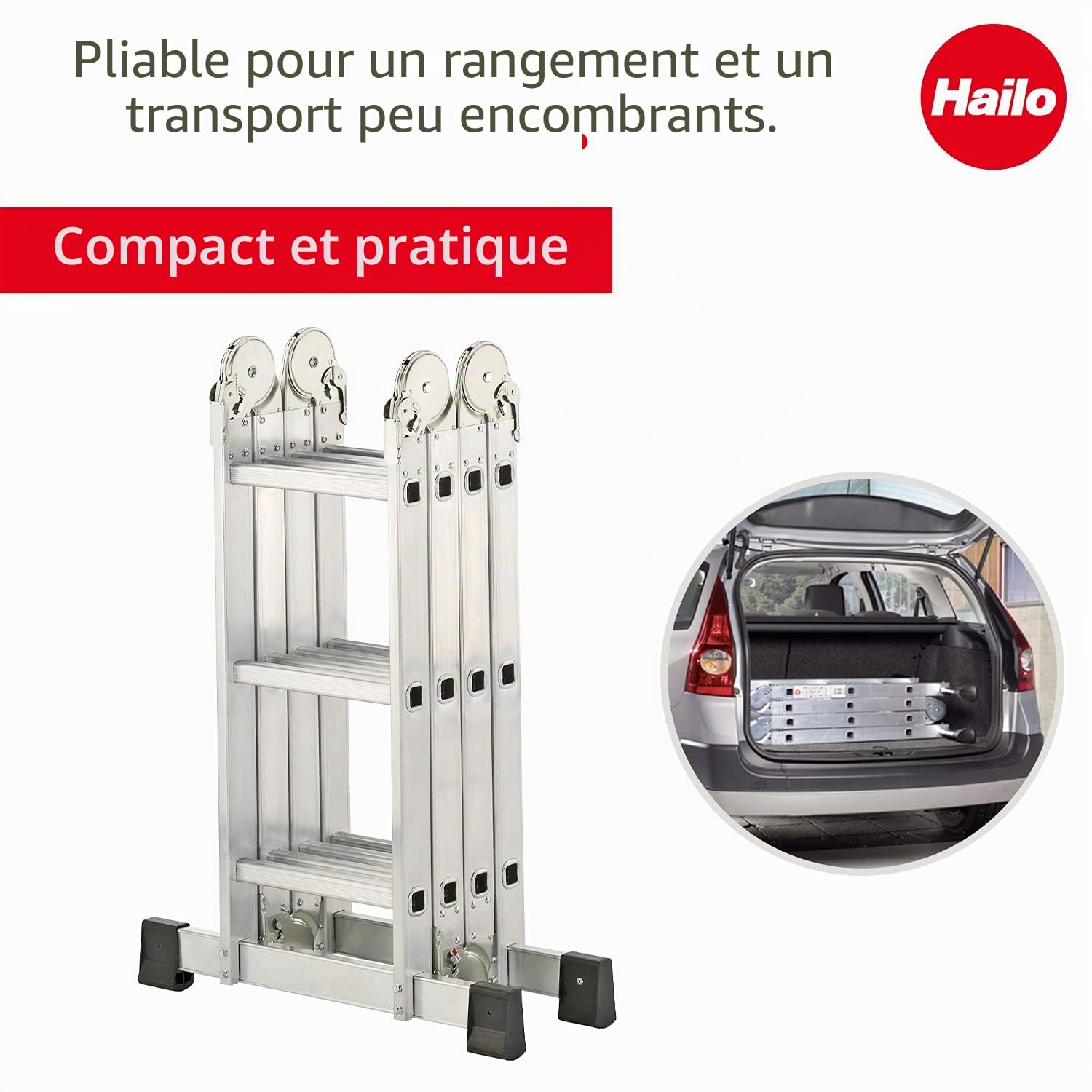 Hailo Échelle Universelle M60 en Aluminium - 4 x 3 échelons - Charge maximale : 150 kg - Échelle Polyvalente utilisable comme Plate-Forme de Travail antidérapante, échelle Simple, escabeau - 6