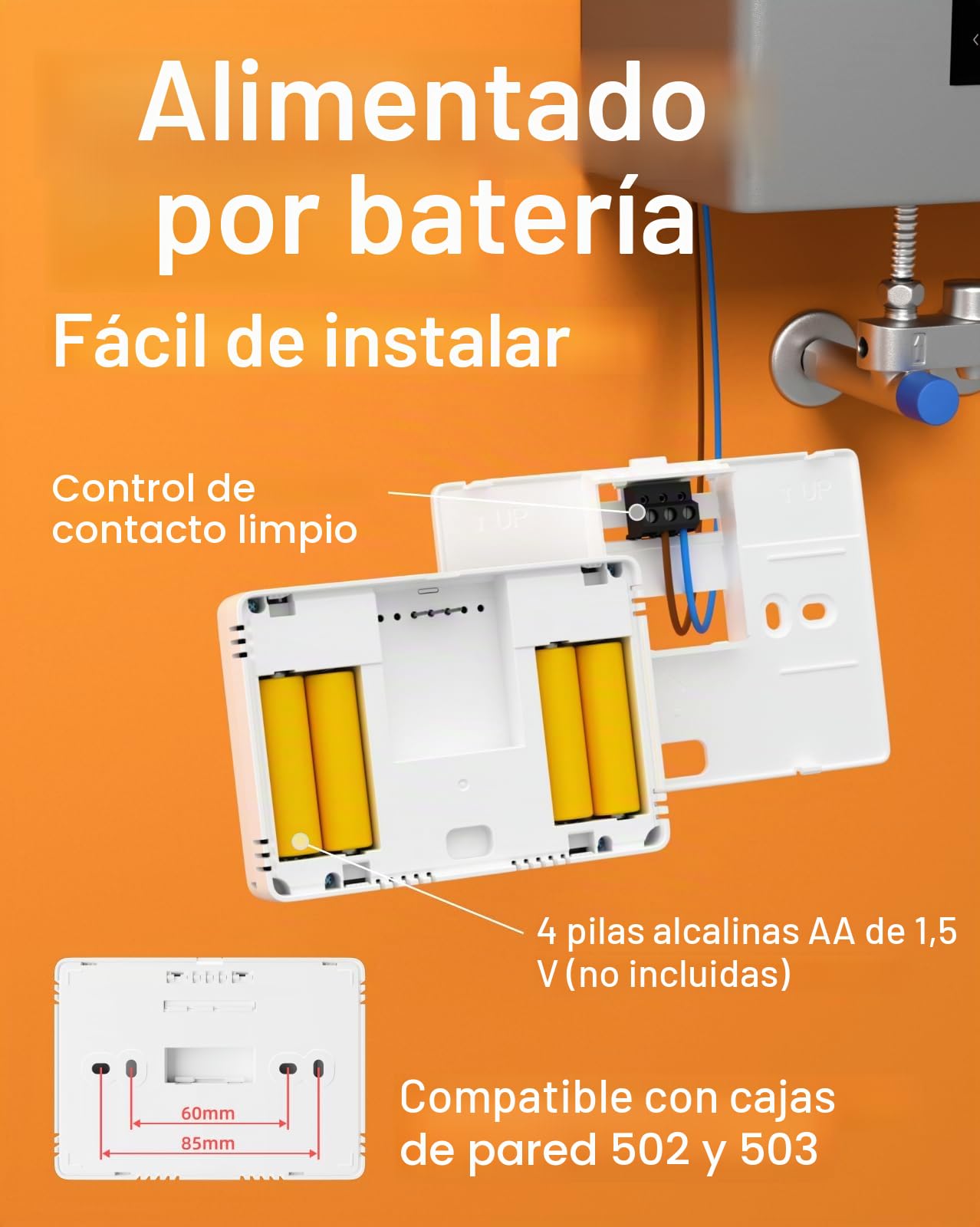 Cronotermostato WiFi a batería para caldera de gas, termostato inteligente caja 502/503, programación 7 días en 6 niveles, contacto NO/NC, Alexa/Google Assistant, App Tuya, 2,4 GHz, blanco