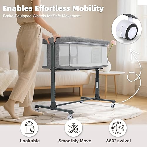 Miniatura 3 de Moisés para bebé, moisés portátil para recién nacido, cuna con ruedas bloqueables, altura ajustable, colchón suave extraíble, funda desmontable de