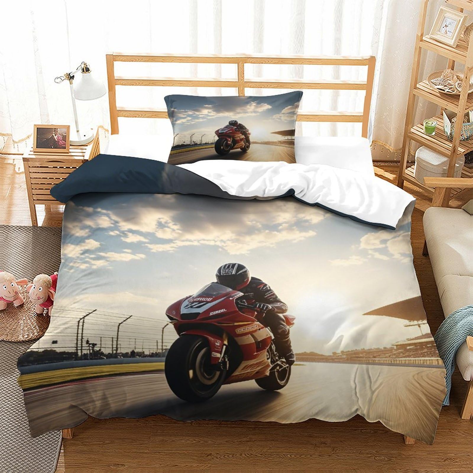 XiaopangXY 3D Print Moto Racing Duvet Cover for Kids & Adults, Hypoallergenic Motorcycle Bedding Set Microfiber Single（135x200cm） Comforter Cover, Skin-friendly Quilt Cover with Zipper