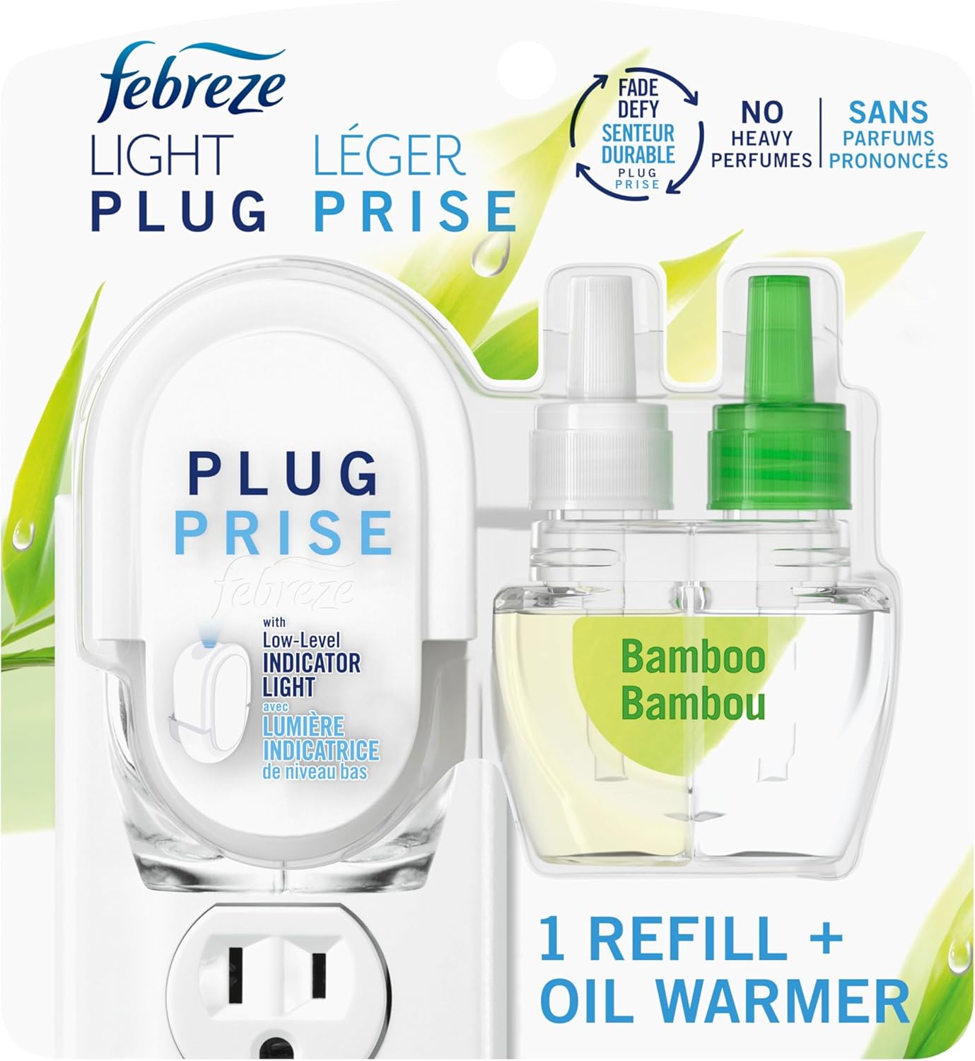 Febreze Plug In Air Freshener, Odor-Fighting Scented Oil Starter Kit, Air Fresheners for Home and Bathroom and Kitchen, Long Lasting for Strong Odors, Light Bamboo Scent, Warmer + 1 Refill