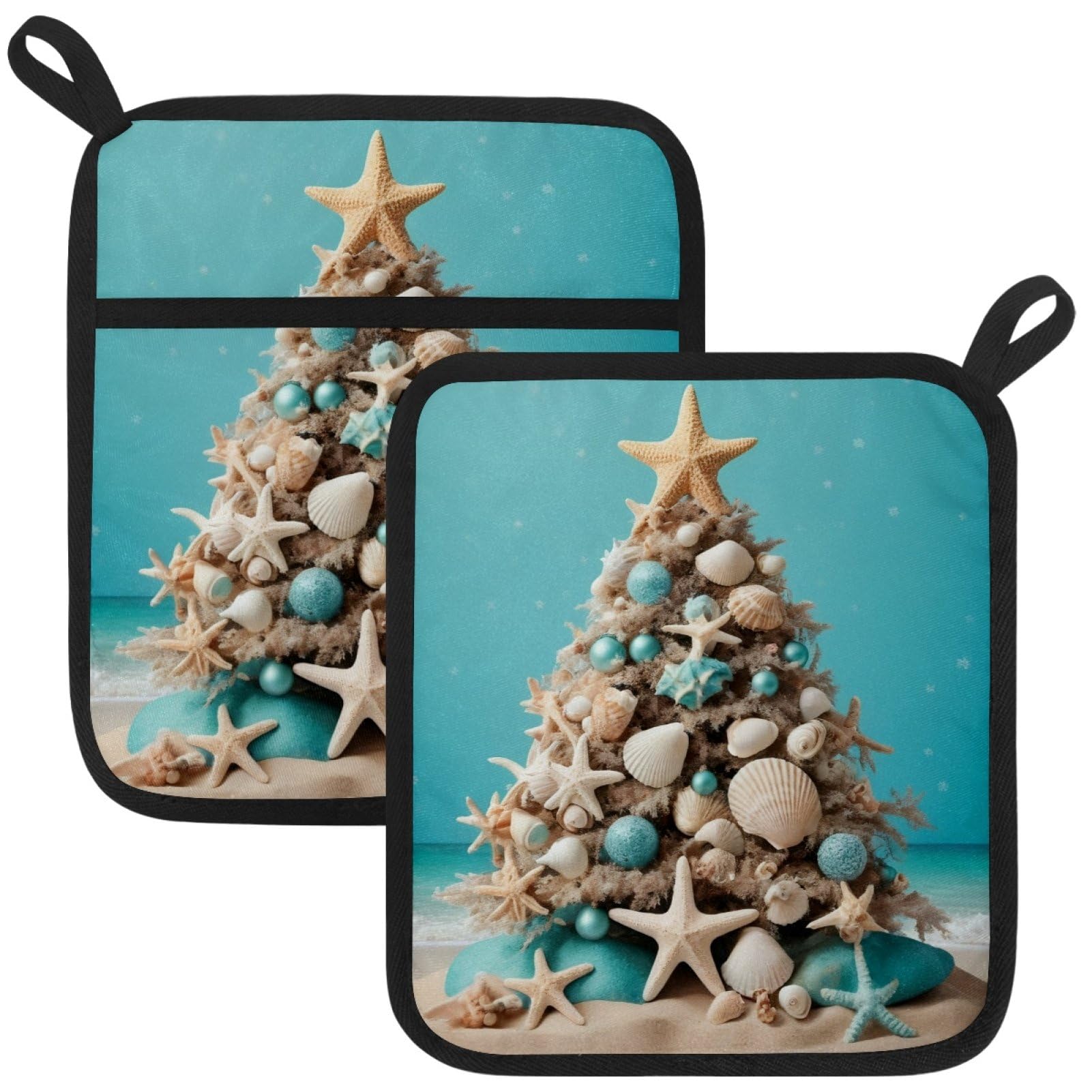VAPOKF Ocean Christmas Tree Pot Holders with Pocket for Kitchen Heat Resistant Potholders Large Polyester-Cotton Square Oven Mitts Set