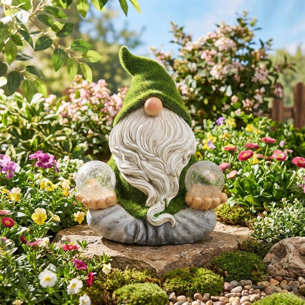 TERESA'S COLLECTIONS Garden Gnomes Decor with Solar Lights, St Patricks Decorations for Outdoor Decor,Resin Flocked Zen Garden Decor Outdoor for Porch Patio, Yoga Gnome Gifts for Women and Men, 6"