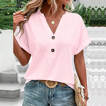 Summer Tops for Women Trendy 2025 Short Sleeve v Neck Eyelet Shirts Dressy Casual Loose Ladies Blouses Going Out