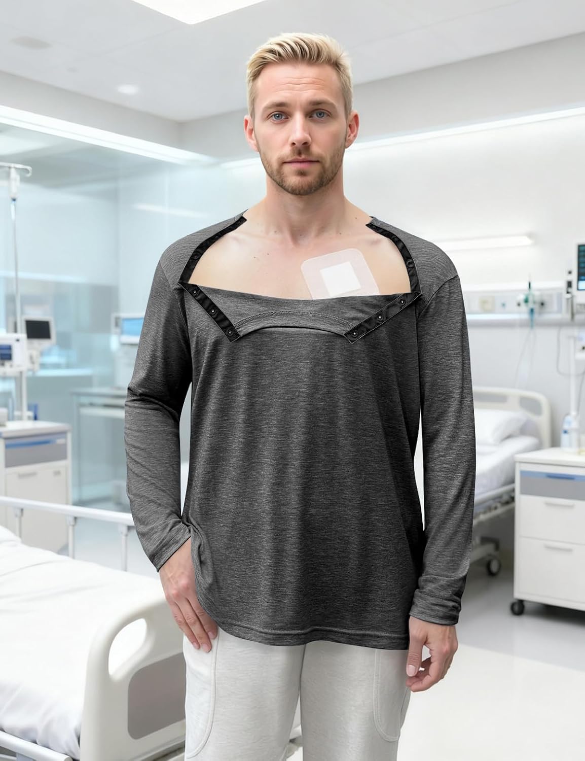 Unisex Chemo Port Shirts Long Sleeve Post Shoulder Surgery Recovery Shirts Tear Away Chemo Clothing