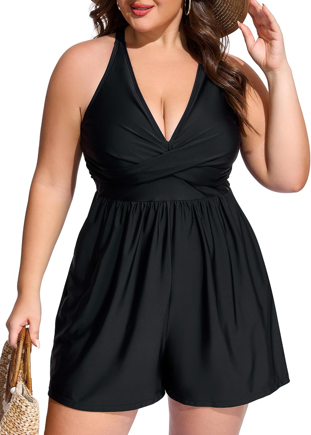 Smismivo Plus Size Swim Romper Women One Piece Swimsuit Modest Bathing Suit with Pockets Full Coverage Swimwear