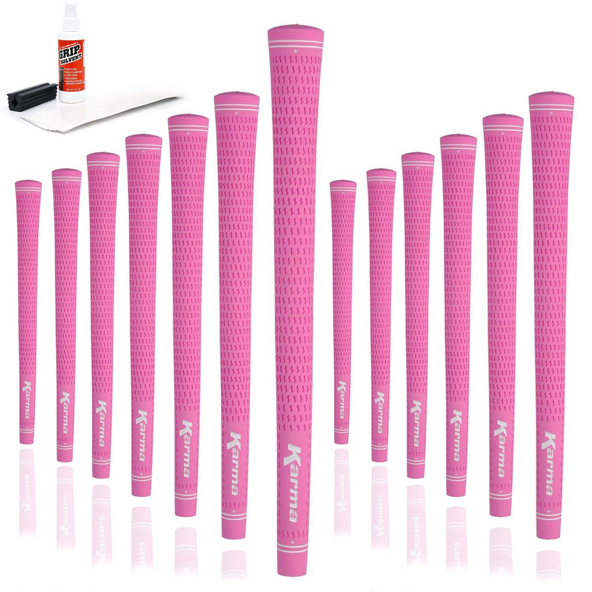 Karma Kit di impugnature da golf da donna in velluto rosa con strisce a nastro, solvente per presa, morsetto in gomma, 13 impugnature di ricambio in gomma di dimensioni standard in velluto per donne