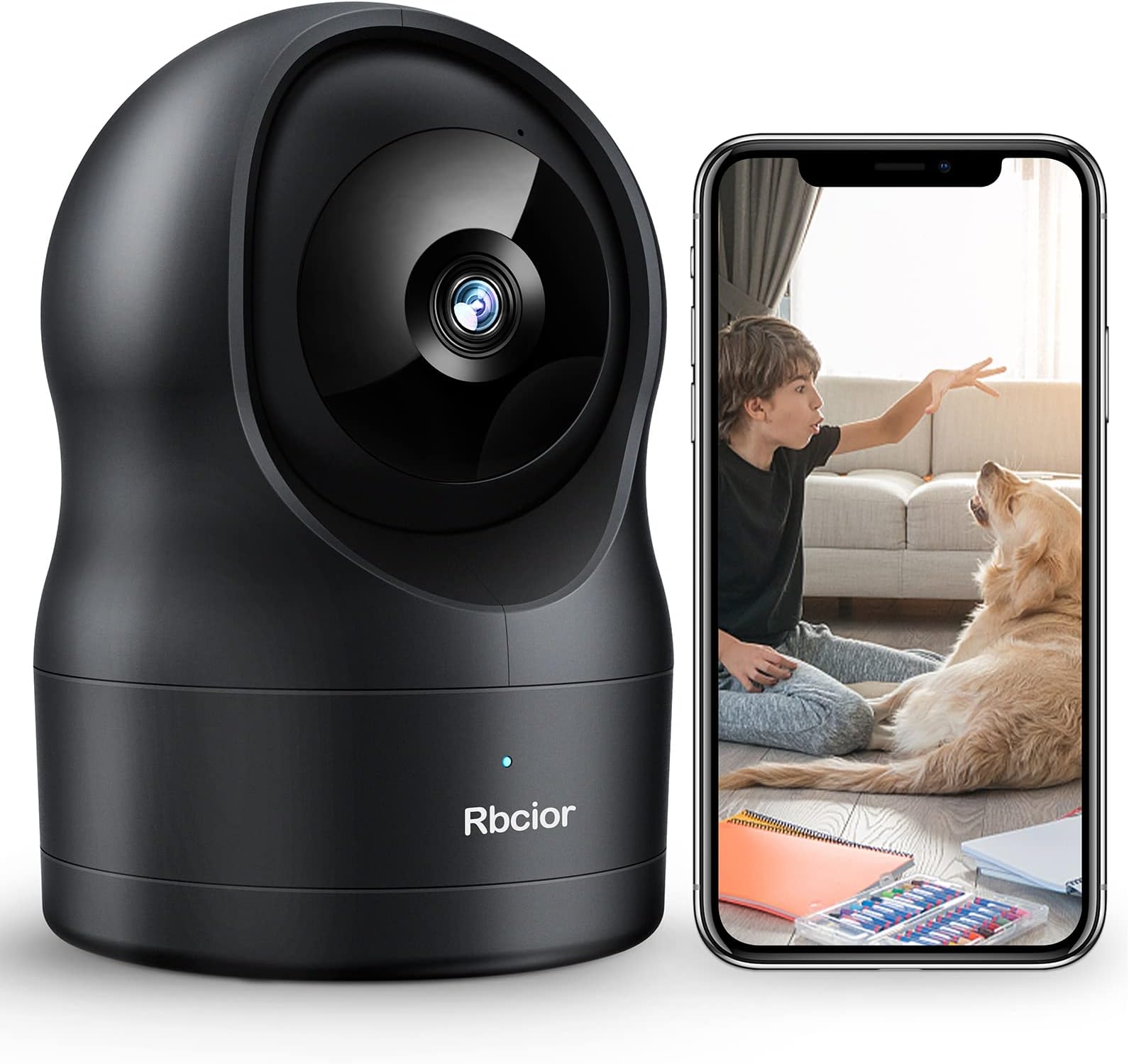 Rbcior Security Camera 360°View Pet Camera 1080P 2.4GHz IP Camera with Night Vision Indoor WiFi Camera with Two-Way Audio, Motion Tracking Alert, Cloud & Micro SD Storage for Dog Nanny Elder