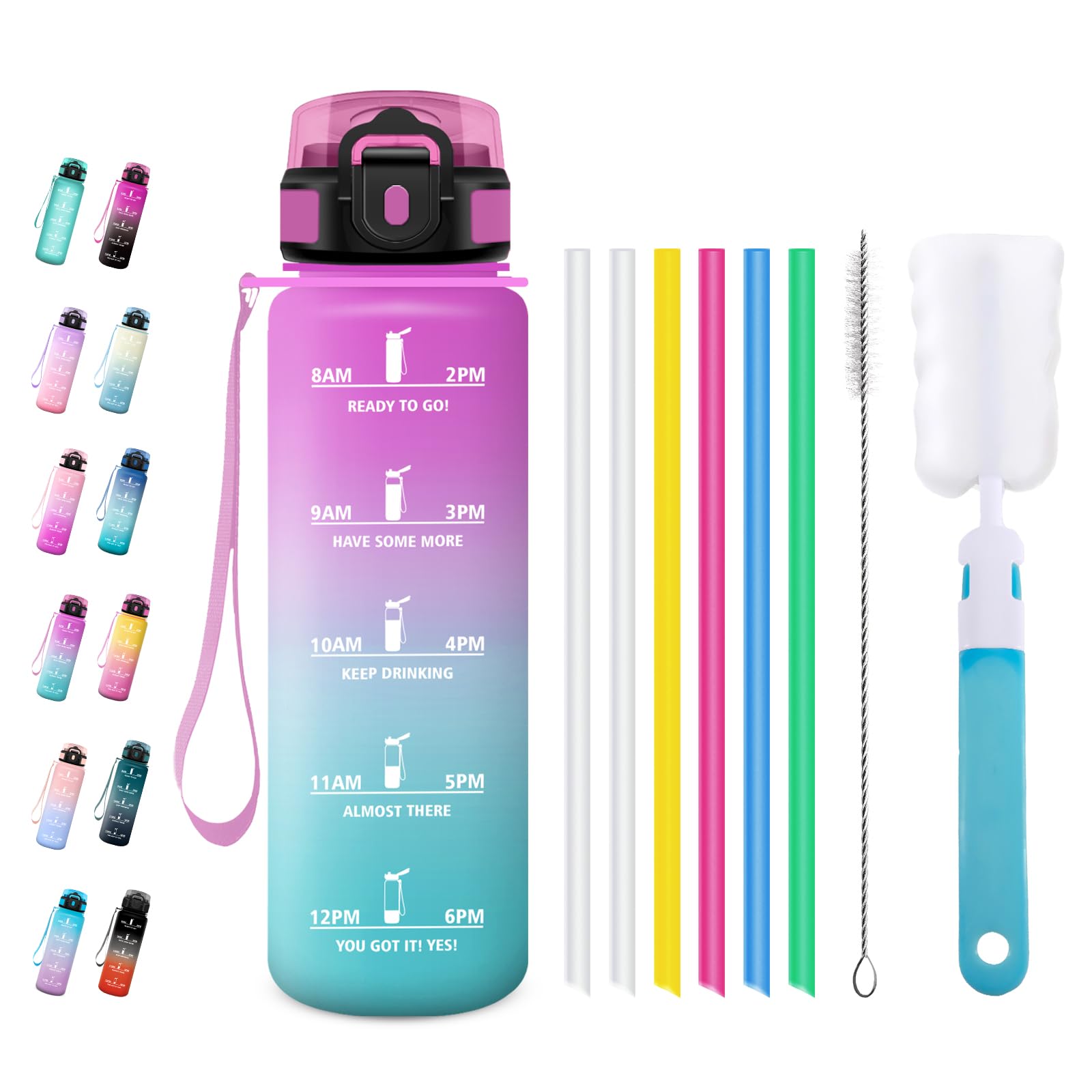 Wasserflasche Sport 1L, Motivierende Trinkflasche mit Zeitmarkierung, mit Strohhalm, Auslaufsicher, Kohlensäure Geeignet, für Camping, Gym