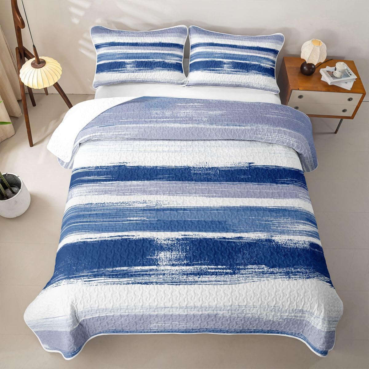 Erosebridal Navy Blue and White Quilt Set Queen Size, Ombre Abstract Art Modern Quilt Bedding Set, Gradient Striped Breathable Quilts for Boys Girls, Retro Grunge Ocean Bedspread Coverlet