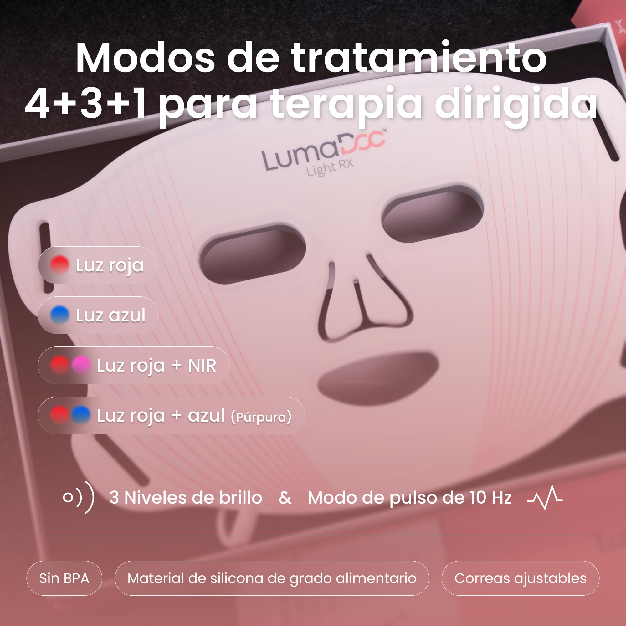 Máscara Facial de Terapia de Luz LED, Light RX, 96 Potentes LED Avanzados, Recargable, 4 Modos, 3 Longitudes de Onda Optimizadas, Rojo, Infrarrojo Cercano NIR, Azul