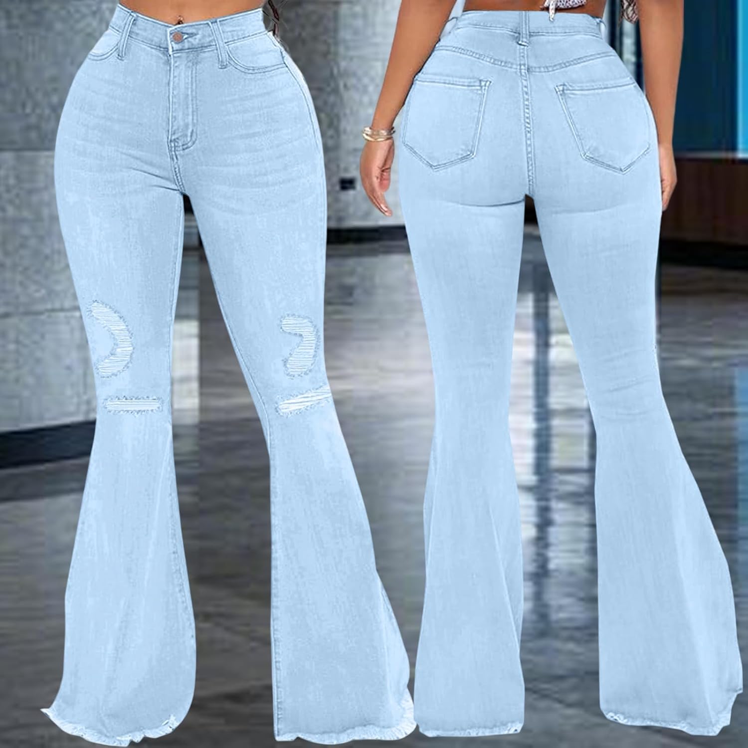 70s Bell Bottom Jeans for Women Elastic High Waisted Raw Hem Denim Pants Classic Vintage Flared Jeans - Image 6