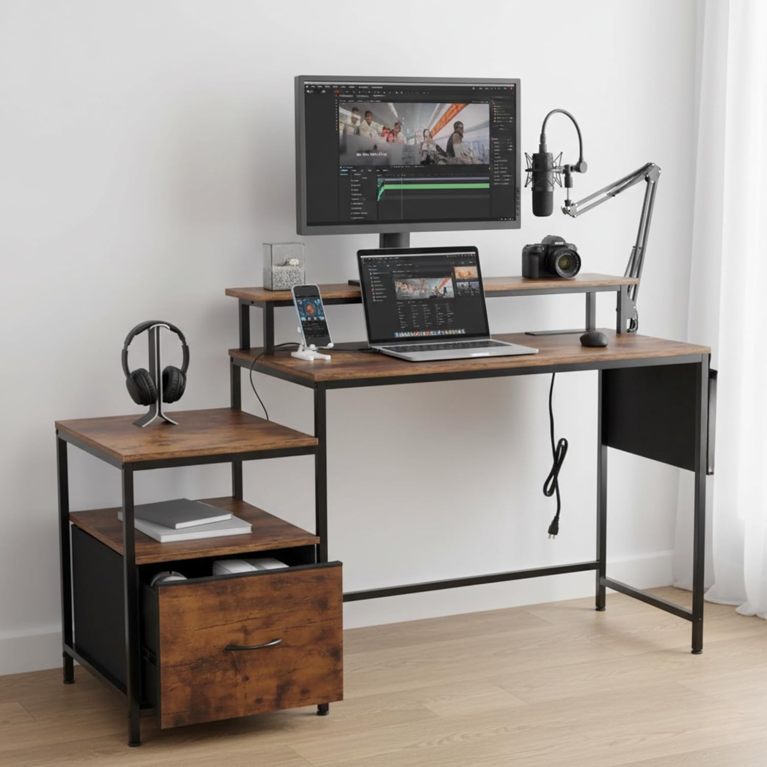 FurnitureR Computer Desk with LED Lights, USB Charging Ports, Monitor Stand, Storage Drawer & Side Shelf with Fabric Bag, 39 Inch Small Desk for Home Office, Study, Gaming Workstation, Rustic Brown