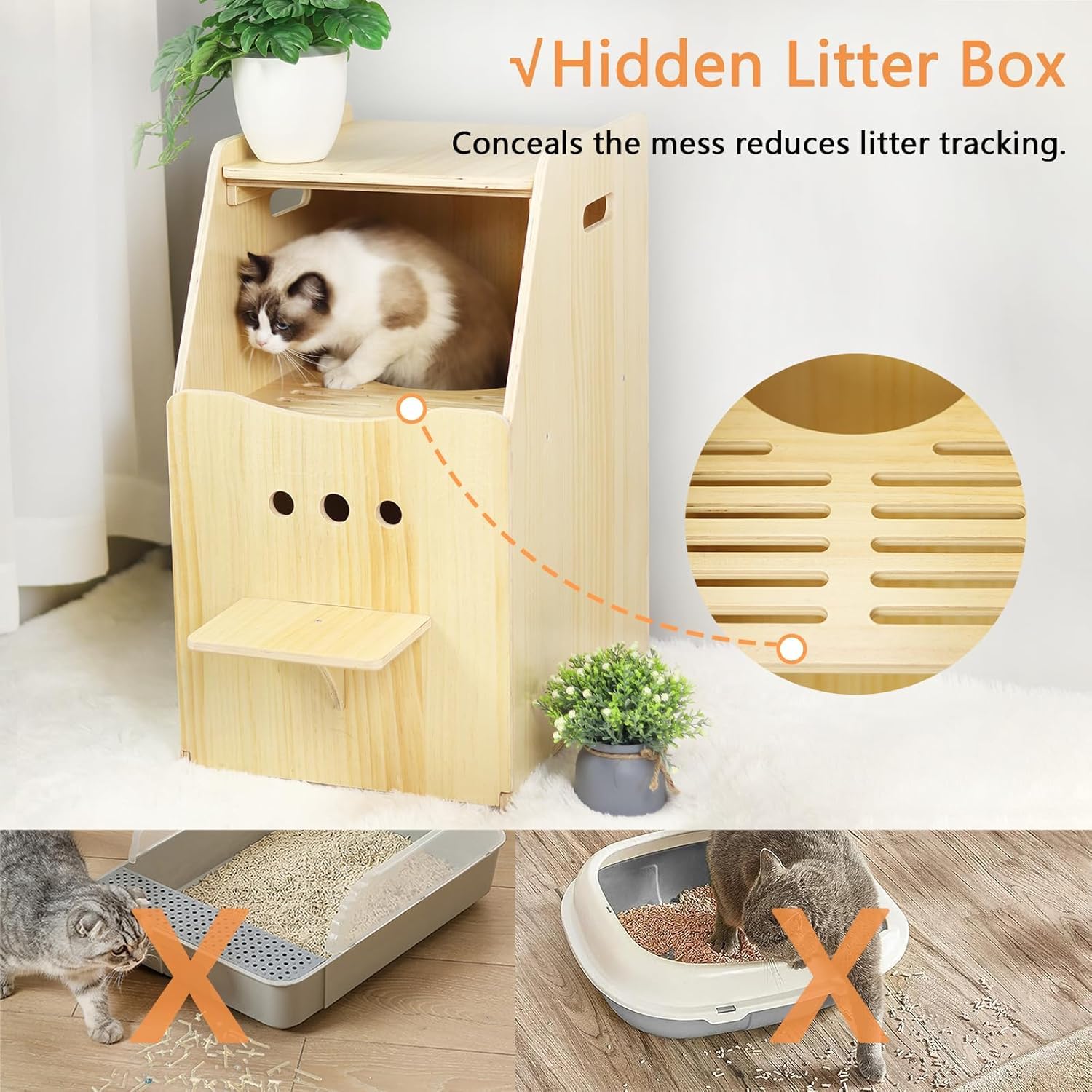 Top Entry Cat Litter Box,Tall Enclosed Enclosure Furniture with Stairs for Cats,Wooden Washroom with Filter for Kitty,Best Hidden,Dog Free, Odor Hiding Cabinet, 21.7 x16.1 x 28.7(White) - image 5