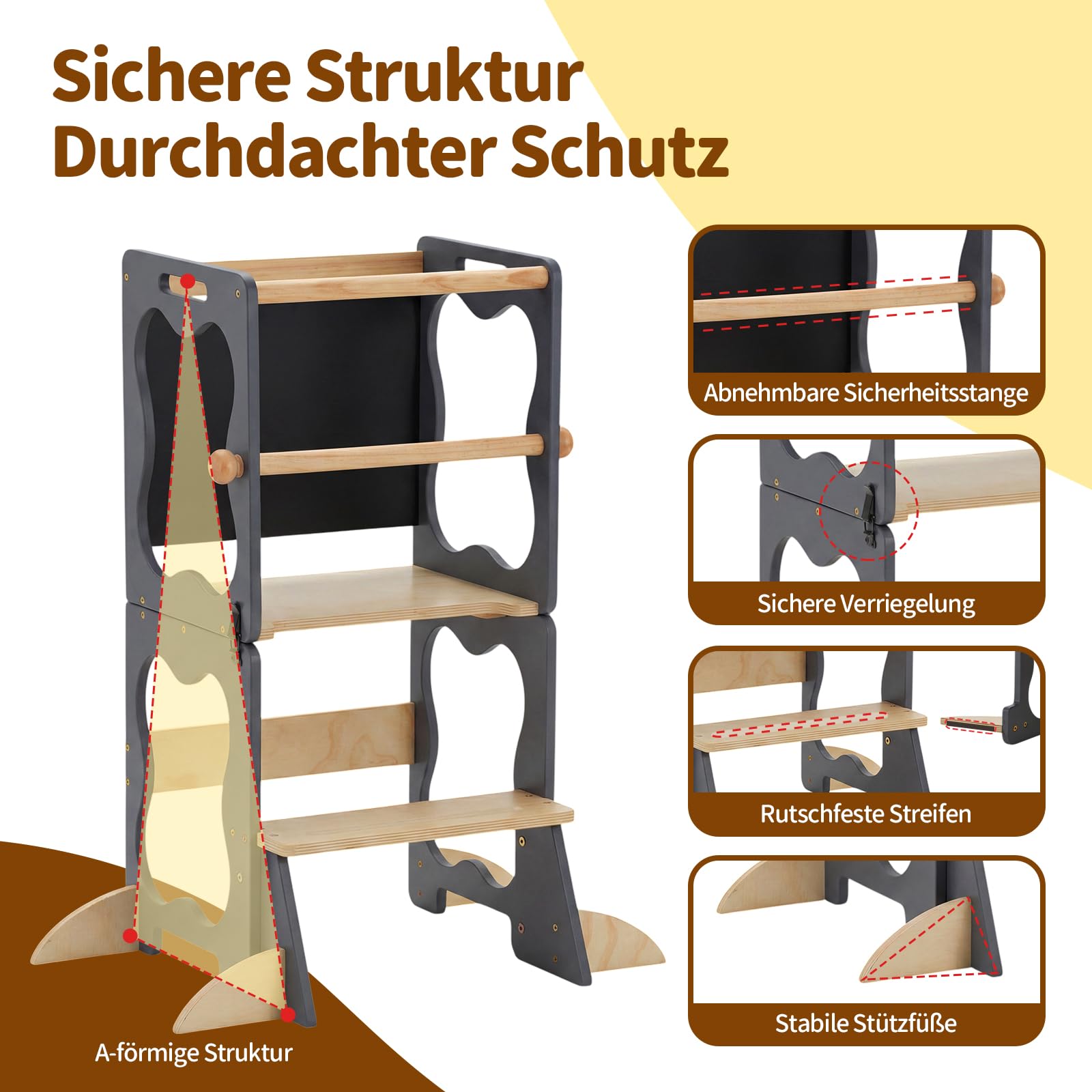 COSYLAND Lernturm Kinder 3in1 Küchenhelfer mit Tafel & Geländer Grau | Wandelbar zu Tisch & Stuhl. Stabiler Küchenhelfer für Alltag, Lernen und Spielen. Absolut sicher und langlebig.