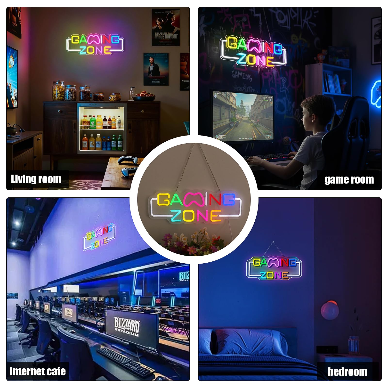 Gaming Zone Scritte Neon, Insegna Luminosa LED al Neon da Parete con USB Alimentazione, Scritta LED Dimmerabile per Sale Giochi, Grotta Dell'uomo, Regali per Giocatori Adolescenti e Adulti
