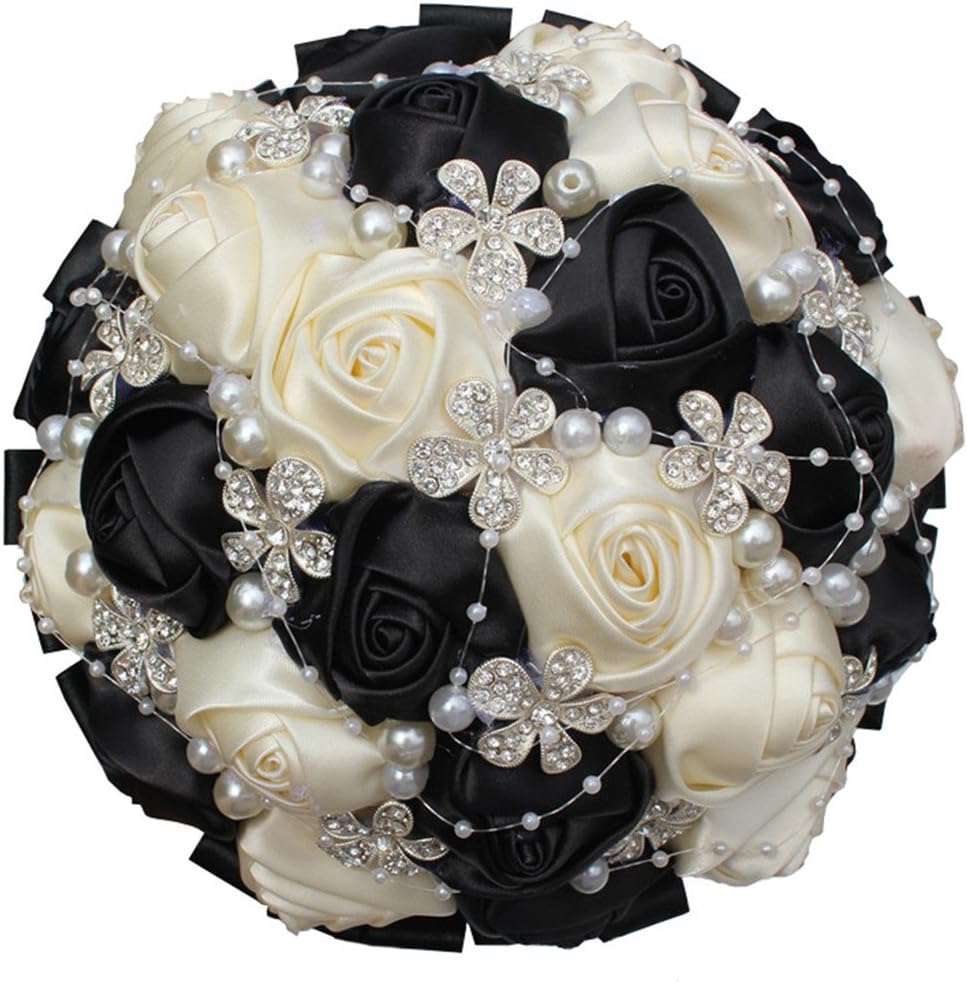 S_SSOY Hand Made Shining Crystal Rhinestones Pearl Silk Rose Bridesmaid Bridal Artificial Bouquets Customization Bride Holding Bouquet Wedding with Corsage Flower, A-018, Black+Creamy