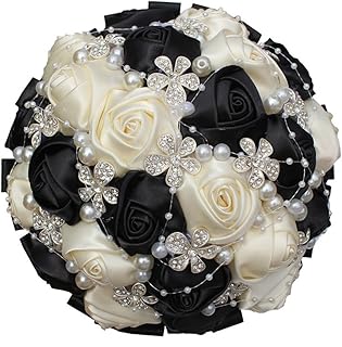 S-SSOY Hand Made Shining Crystal Rhinestones Pearl Silk Rose Bridesmaid Bridal Artificial Bouquets Customization Bride Holding Bouquet Wedding with Corsage Flower, A-018, Black+Creamy