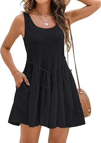 Womens Flowy Summer Dress Casual Sleeveless Ruffle Mini Dress Tiered Pleated Beach Cover Up Swimwear Sundress