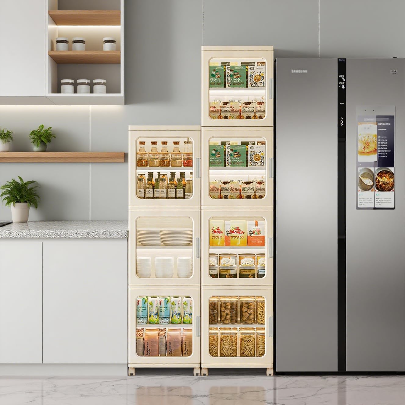 4 Tier White Tall Narrow Bathroom Storage Cabinet Bundle with 4 Tier Beige Tall Slim Bathroom Storage Cabinet