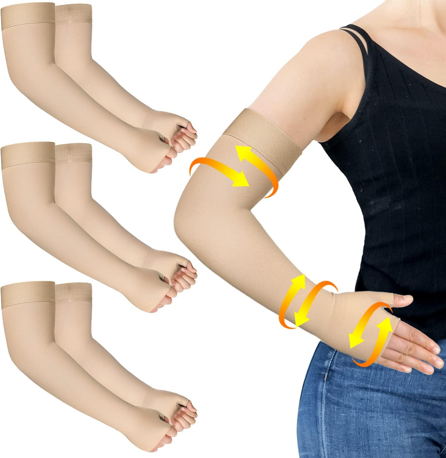 Sosation 3 Paris Lymphedema Compression Arm Sleeve with Gauntlet 20-30mmhg Graduated Compression Lymphedema Arm Sleeves with Silicone Band Arm Sleeve with Thumb Support for Woman Man Edema Swell