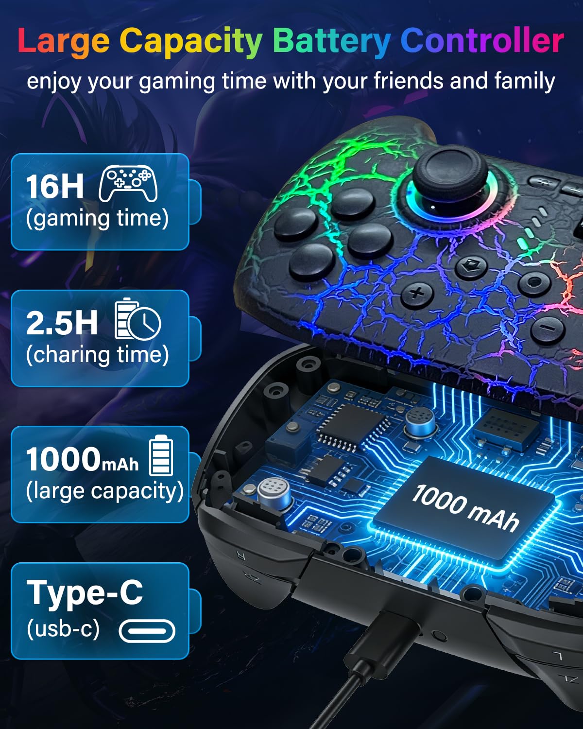Switch Controller Compatible with Switch/Switch Lite/OLED/PC, Programmable Wireless Switch Controller with 10 LED Light, 6-Axis Motion, Turbo, Vibration, One-Key Wake Up & Pairing, 1000mAh Battery, Flame