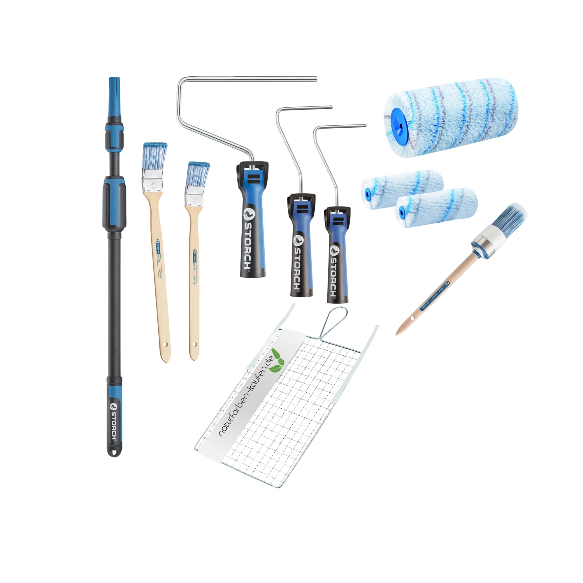 STORCH Profi Malerset 11-TLG. Dispersionsfarbe Silikatfarbe innen, Farbroller Set komplett - SmartCore Farbwalze, Lock-IT Edelstahlbügel, Teleskopstange, Heizkörperpinsel, Ringpinsel, Abstreifgitter