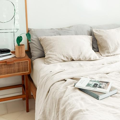 Baloo Pure French Linen Sheets  Juego de sábanas de avena (tamaño matrimonial)  Suave, premium, transpirable, fabricado con fibras naturales libres