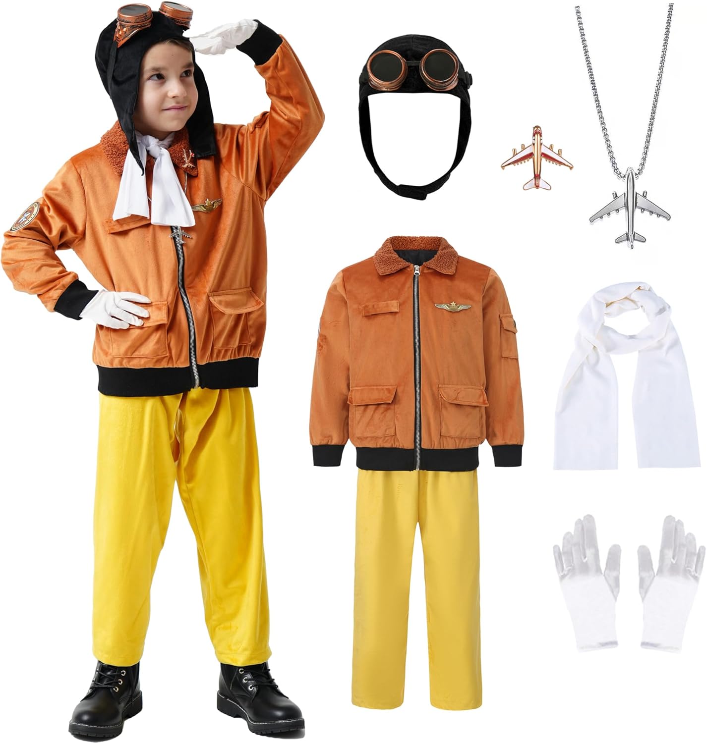 9 Pcs Pilot Aviator Costume for Girls Kids Earhart Historical Costume for Boys