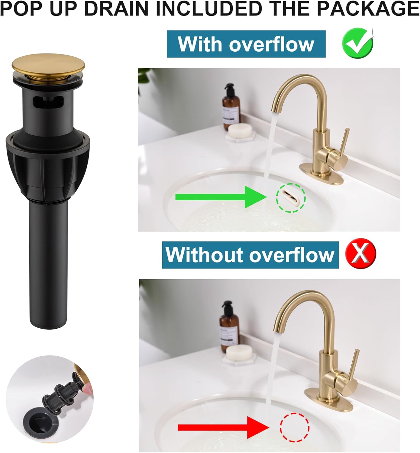 Gold Bathroom Faucets with Pop-Up Drain, Modern Single Hole Bathroom Sink Faucet with Deck Plate Single Handle Lavatory Faucets Brushed Gold Bar Vanity Faucet - Image 8