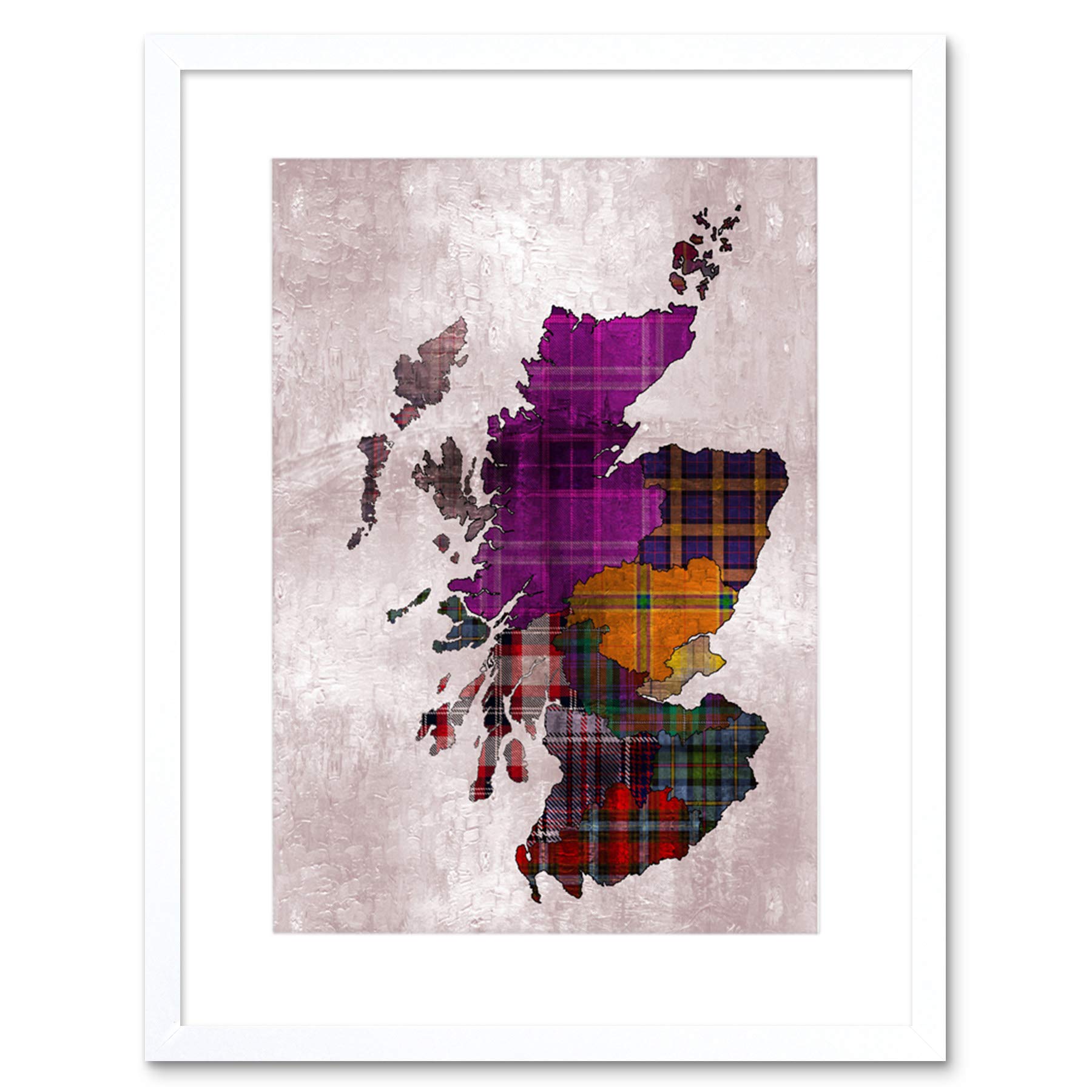 Wee Blue Coo Painting Map Outline Scotland Tartan Inset Regions Framed Wall Art Print
