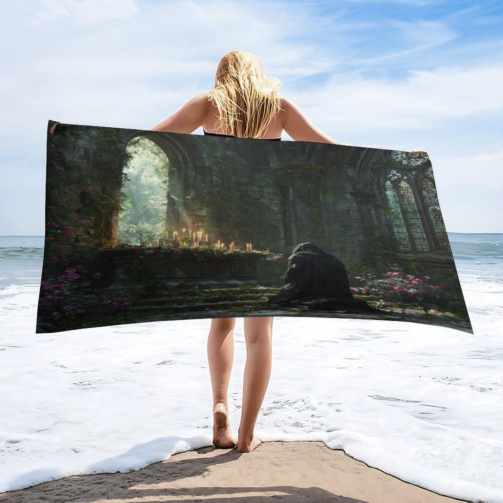 Luyysky Beautiful Classic Castle Arch Quick-Drying Beach Towel, Rustic Watercolor Spring Sunshine Arch Plant Roses Floral Travel Vacation Single Sided Pile Bathroom Towels-80 W Cm X 160" L Cm