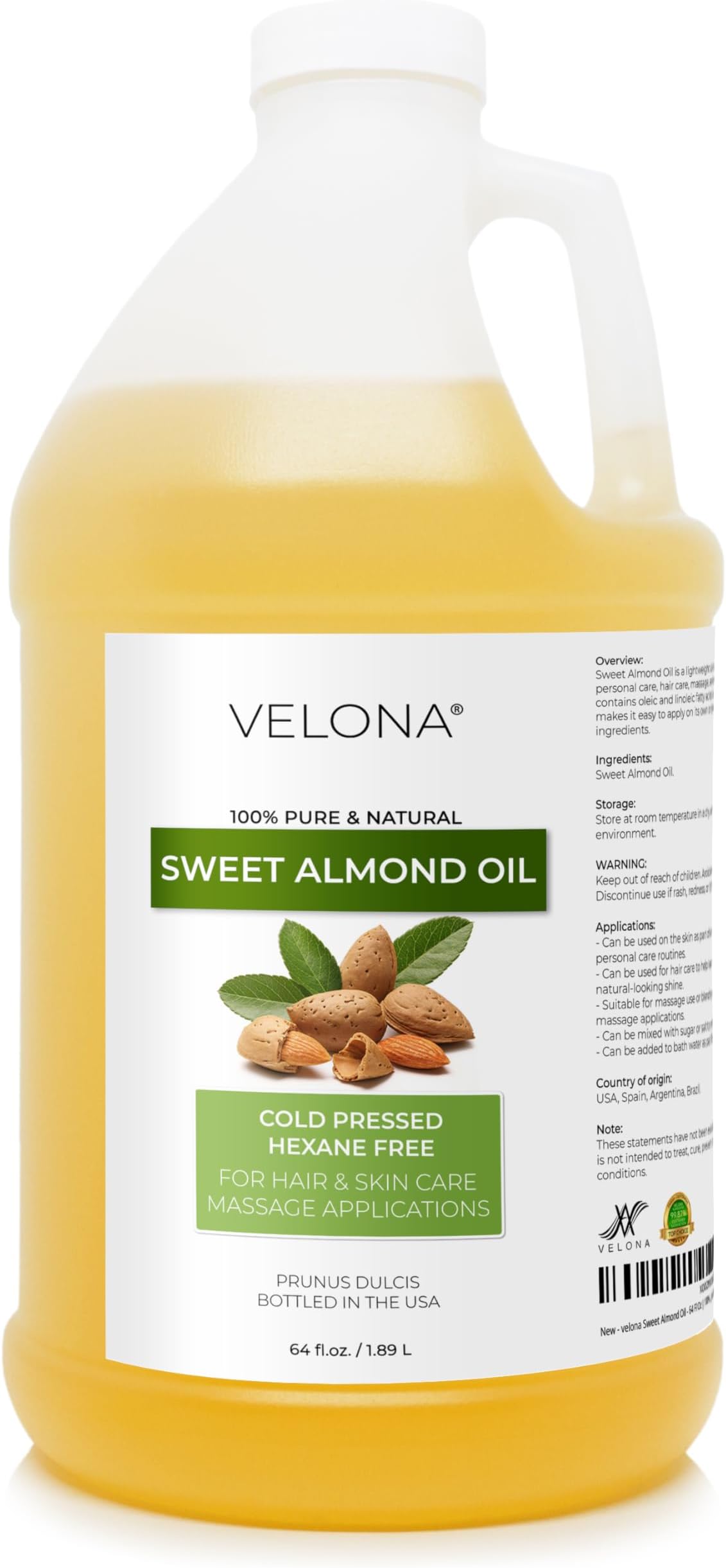 velona Sweet Almond Oil - 64 Fl Oz | 100% Pure and Natural Carrier Oil |Cold Pressed | Skin, Hair, Body & Face Moisturizing | Use Today - Enjoy Results…