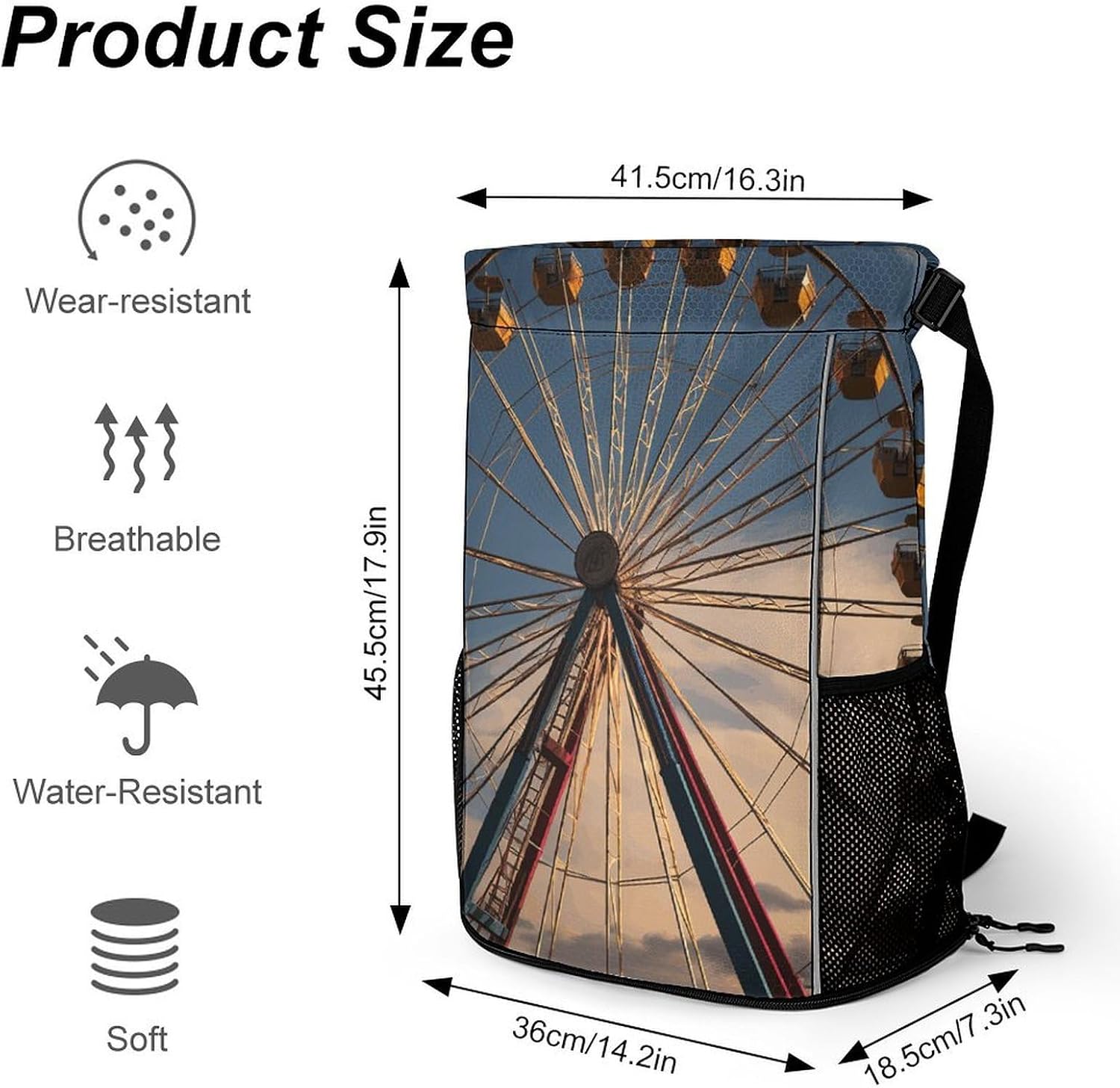 Ferris Wheel Drawstring Backpack with Wet Pocket - Large Capacity Gym Bag with Shoe Compartment & Mesh Pockets, Adjustable Lightweight Gym Backpack for Swimming, Travel, Workout