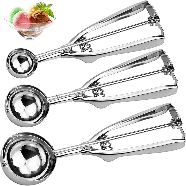 MUSEDAY 3Pcs Stainless Steel Ice Cream Scooper Cookie Scoop Melon Baller with Trigger Mash Potato Scoop Cupcake Scoop Yogurt Scoop for Ice Cream Cookies Cake Dough Melon Large Medium Small Size